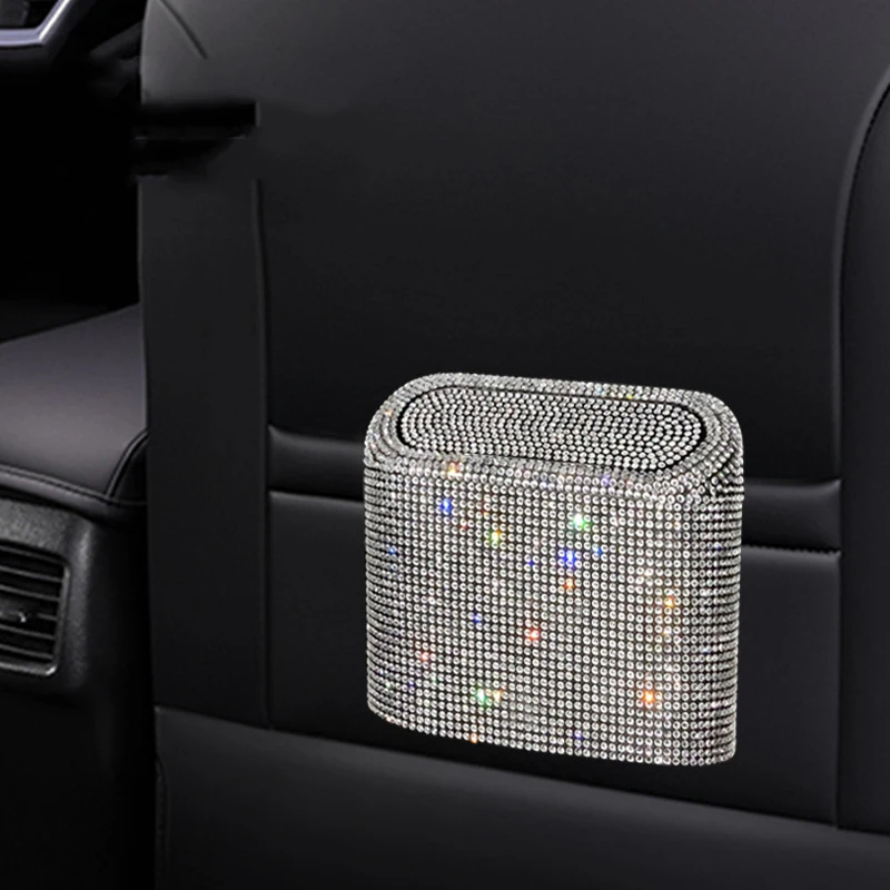 Luxury Fashion car interior storage bag car trash can advanced color diamond press type small car organizer trash box