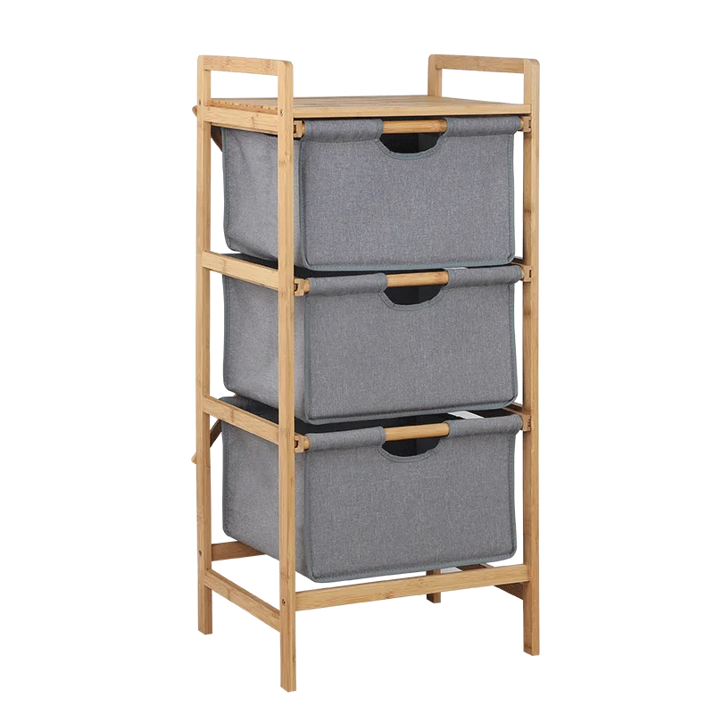 
BSCI Factory 3 Tier Bamboo Home Storage Shelf with 3 Cloth Basket 