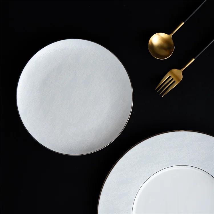 Factory direct selling 8/12 inch silver rim wedding charger plates bone china round steak plate for hotel