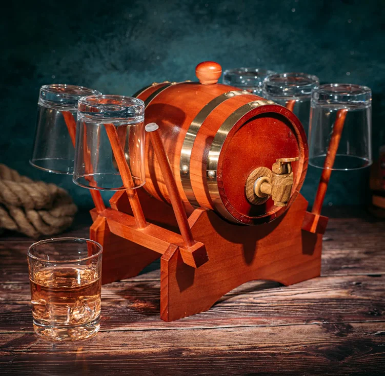 1000 mL Mahogany Wood Old Fashioned Classic Whiskey Decanter Set Barrel Decanter with 6 Whiskey Glasses