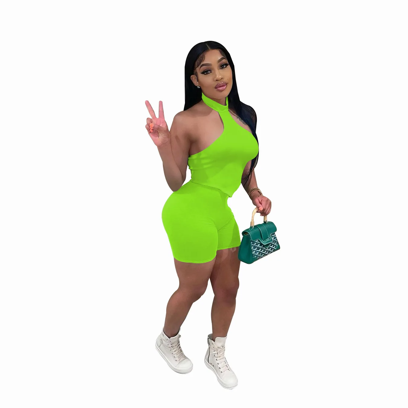 Solid Color Halter Backless Sleeveless Crop Top Biker Shorts Sets Summer Women Party Two Piece Short Set