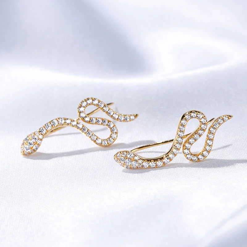 Fashion 925 Sterling Silver Gold Plated Sparkling Zircon Diamond Ear Crawler Snake Cuff Climber Earrings Women