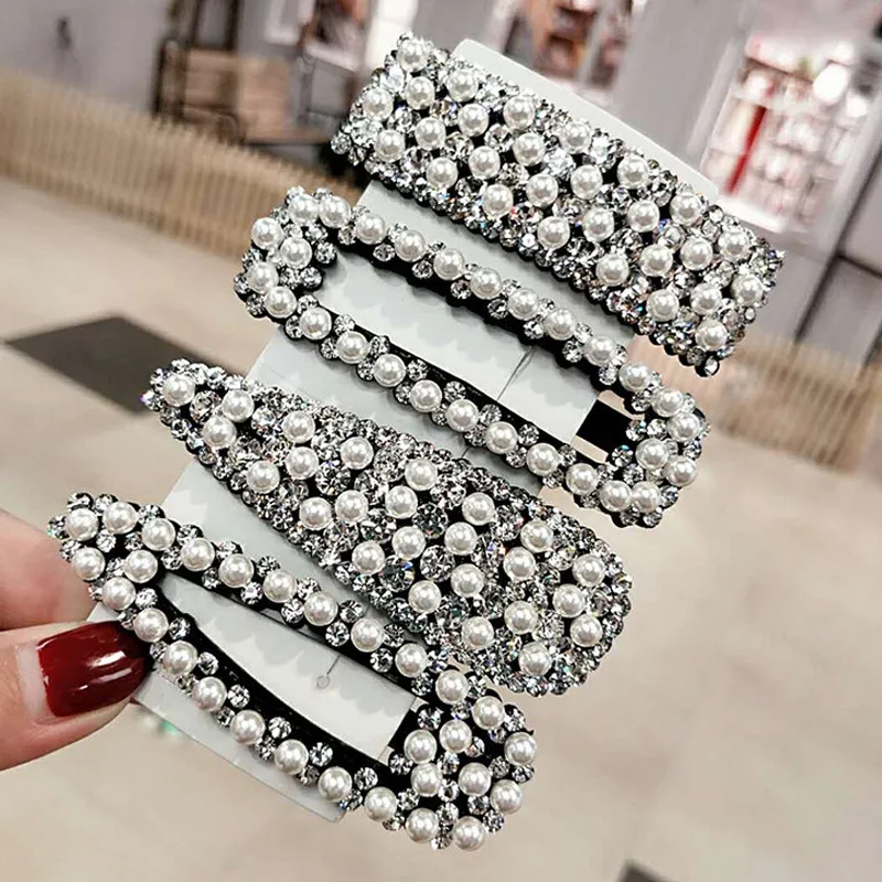 Fashion pearl rhinestone bling bling hair pins women square triangle women luxury hair clips