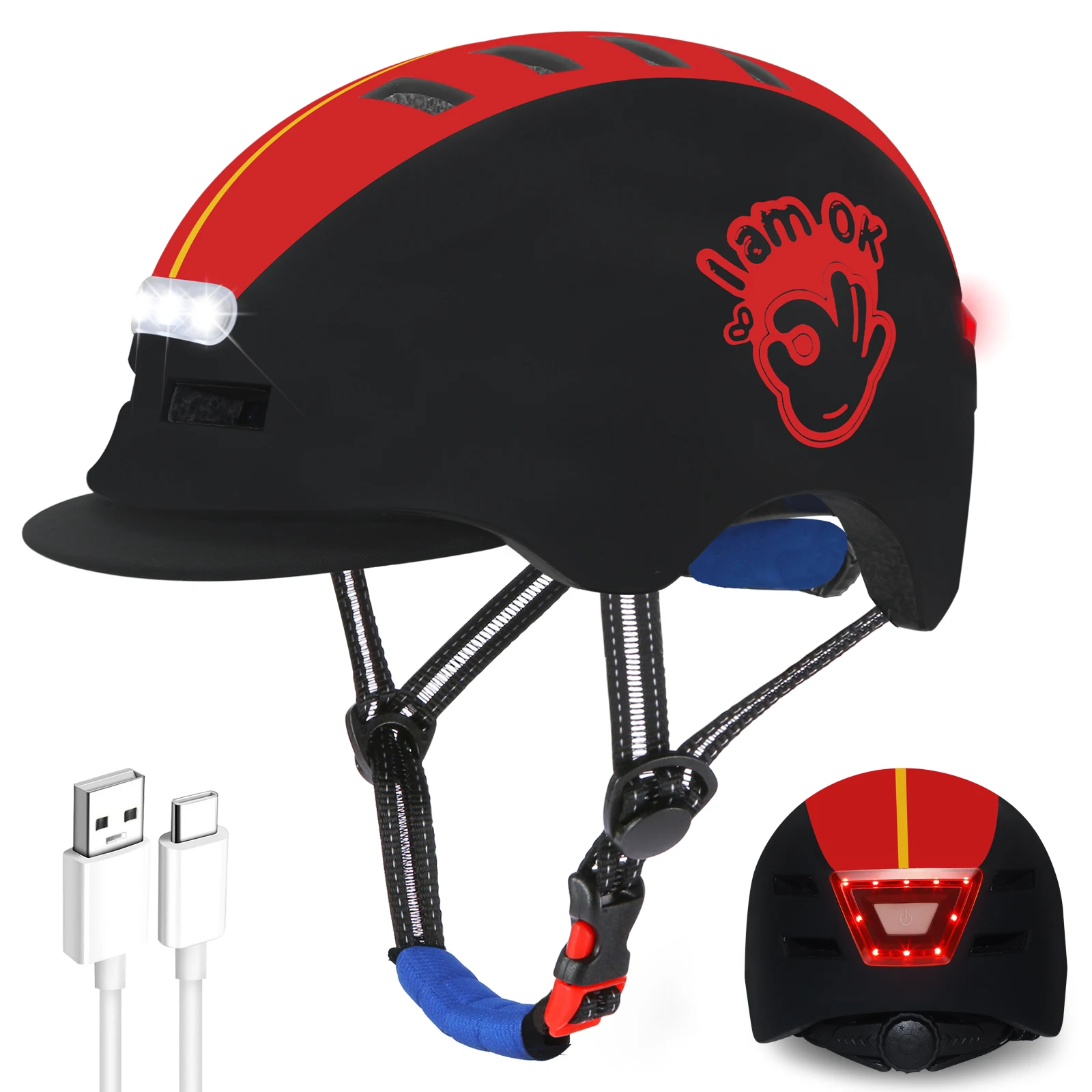 New Design Removable Visor Rear And Head LED Light Helmet Scooter Skating Skateboard E-bike Cycling Helmet