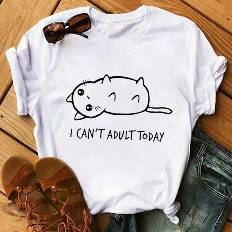 Cute Cartoon Cat Print T shirt Women Spring Summer Short Sleeve Round Neck T-shirt Woman Casual Slim Fit T shirts Women