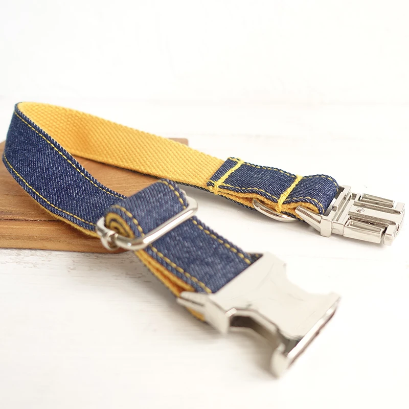 Yellow Jean Custom Dog Collar set with Leash Pet Dog Tag Collar Nylon Puppy Cat Name Phone ID Collars For Small Large Dogs