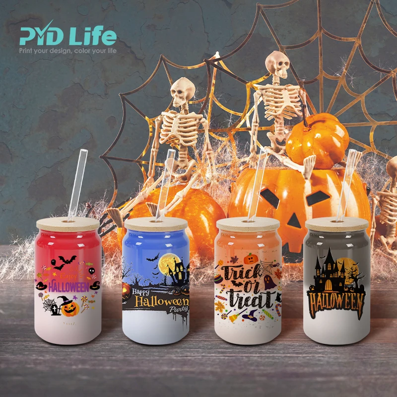 PYD Life Halloween Newest 13 oz Thermal Color Changing Sublimation Beer Glass Can Tumbler Cup with Lid and Straw