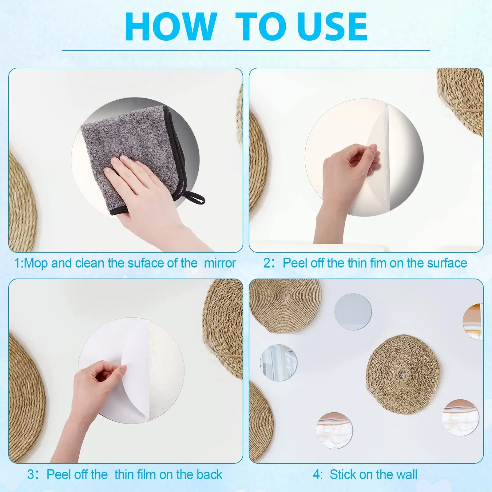 4/6/8/10 inch Adhesive Round Wall Acrylic Mirror Tiles Frameless Wall-Mount Mirrors for Bedroom Bathroom Craft Decor