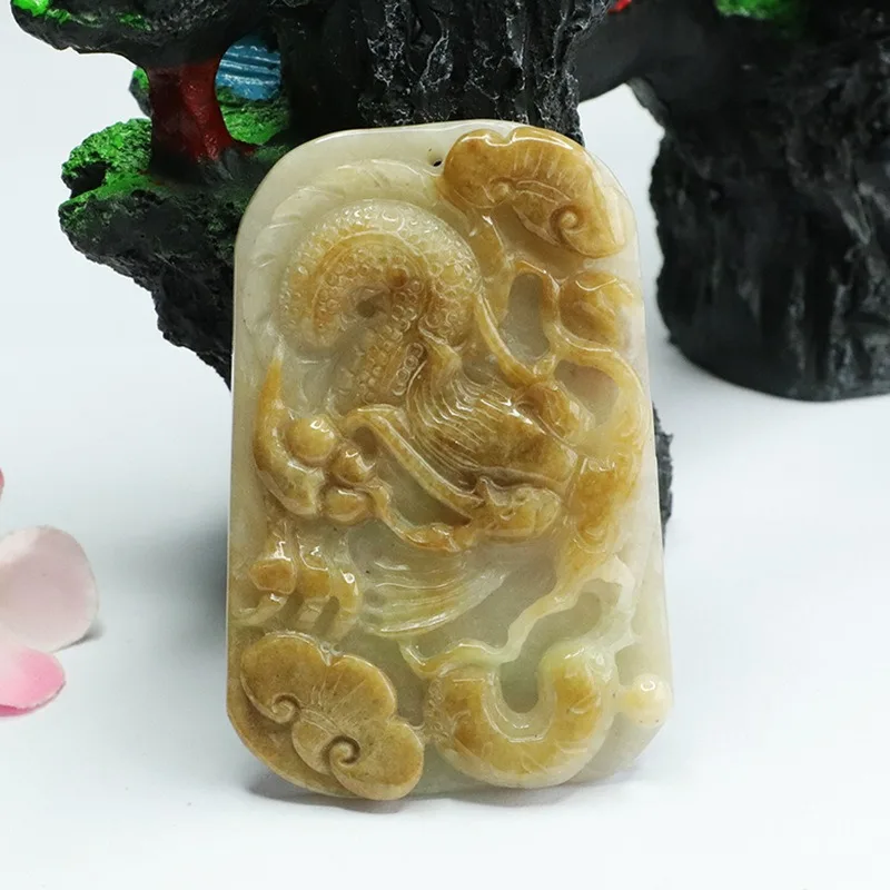 Certified Hand Carved Yellow Natural Myanmar Burma Grade A Jade jadeite Dragon Flower Pendant Necklace