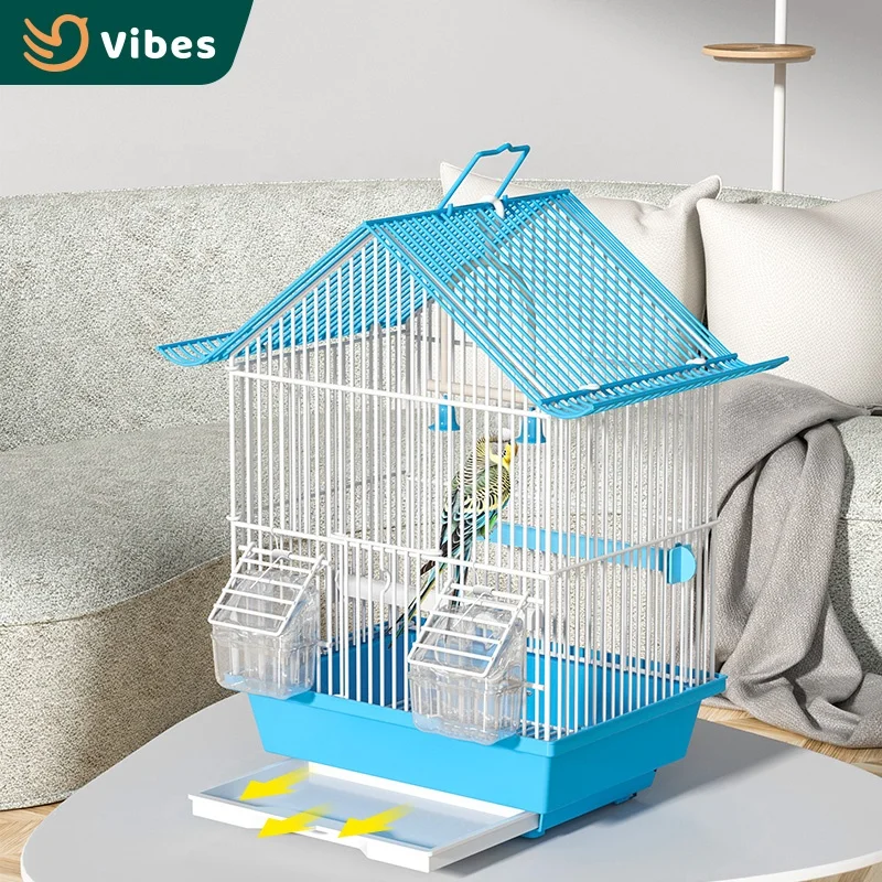 Sold By The Box MOQ 10PCS Cheap Small Bird Cage Wire Mesh Sloping Top Design Green White Blue Pink Canary Bird Parrot Cage