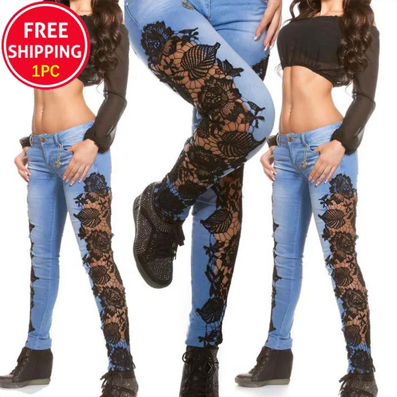 Лидер продаж Amazon, новые модные пикантные кружевные ажурные джинсы, женские эластичные джинсовые брюки