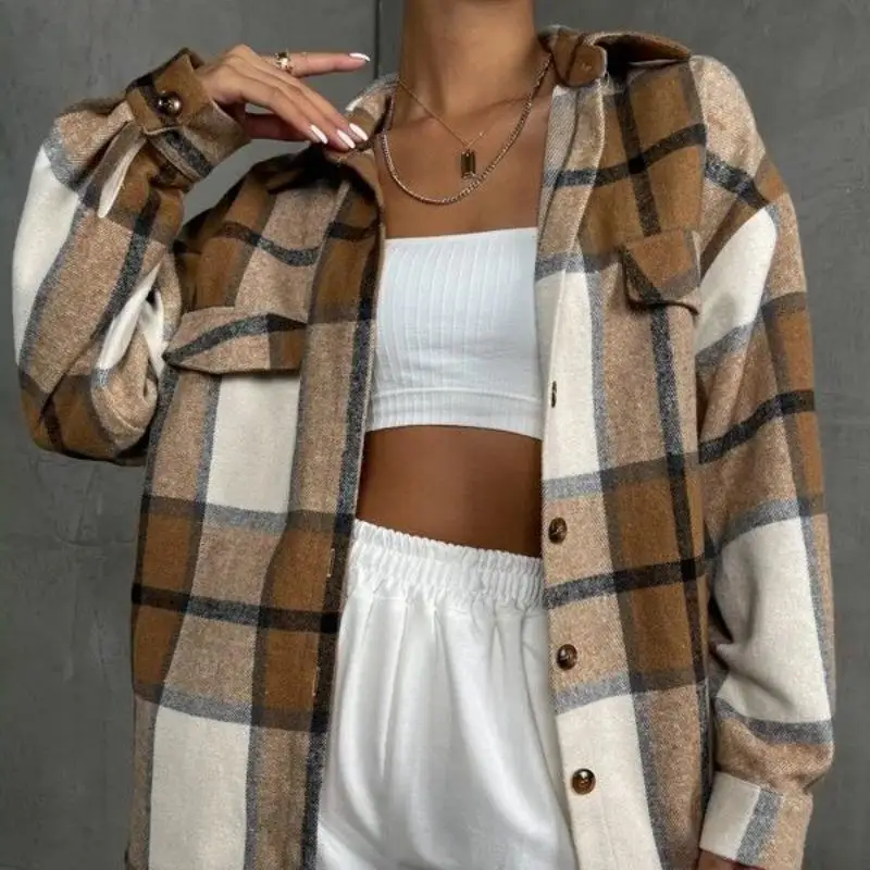 Vintage Women Clothing Latest Long Sleeve Loose Tops Pocket Button Up Plaid Coat