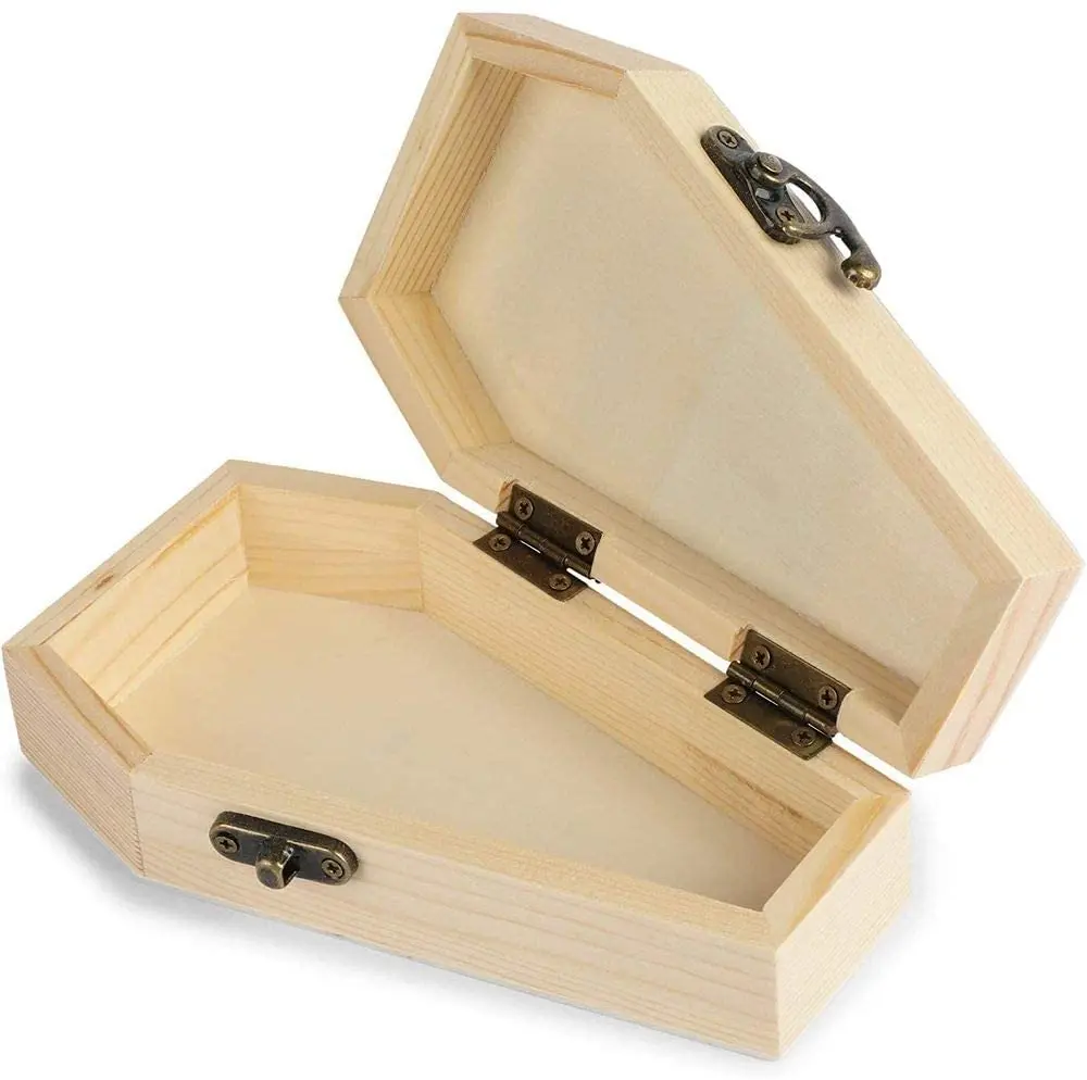 Ecofriendly Miniature Unfinished Natural Wood Craft Coffin Box with Hinged Lids Wooden Funeral Coffins for Halloween Parties