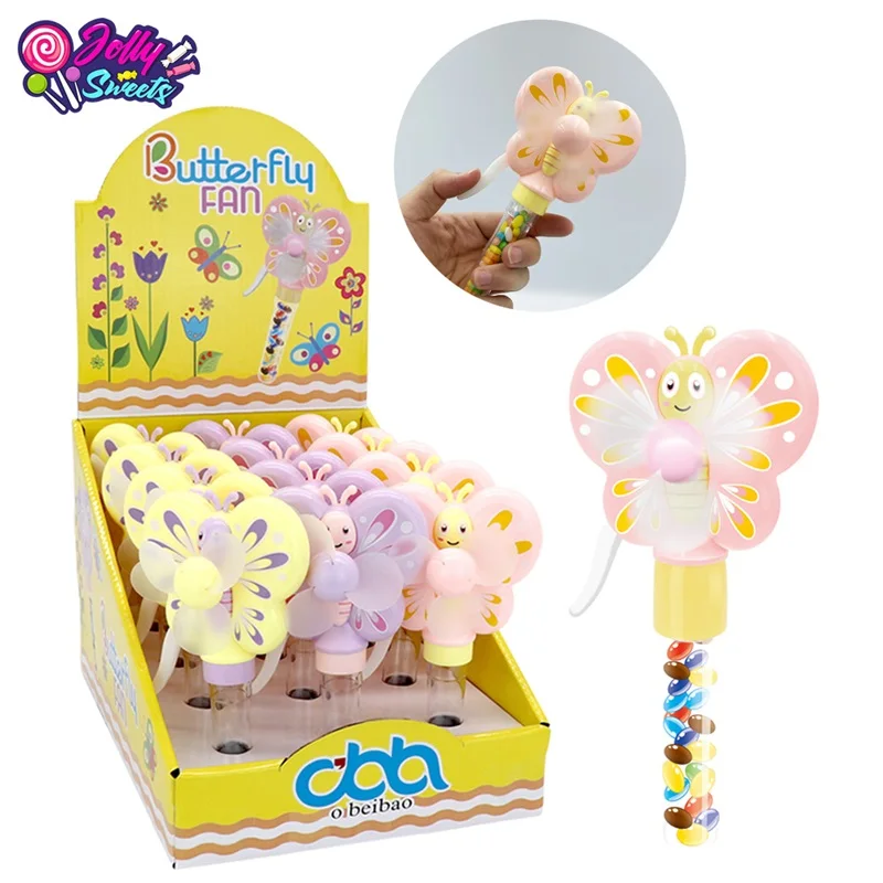 JollySweets good selling hand driven butterfly fan candy toy with candy in tube