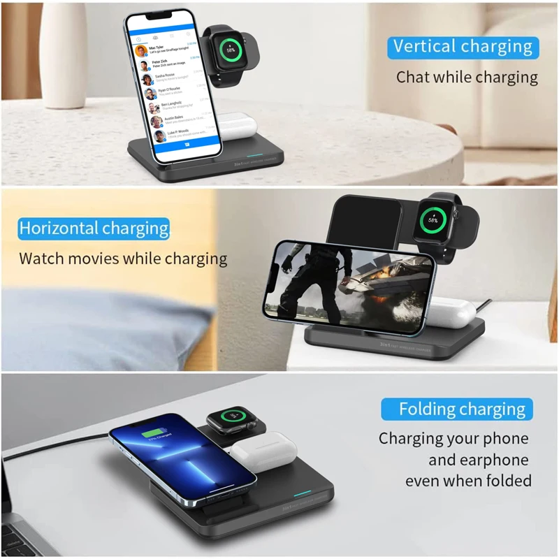 15W Qi Mobile Phone Fast Charging Docking Station 3 in 1 Wireless Charger Stand for Iphone Iwatch Airpods Pro