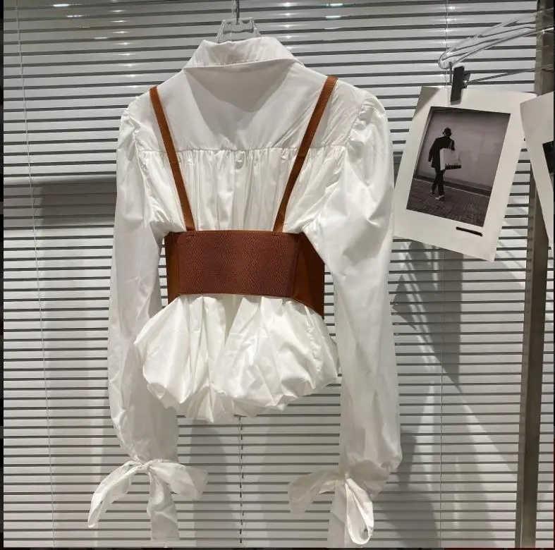 High Quality Wholesale Autumn New Design PU Corset Vest Shirt High Waist Sling Camisole Bow Cuff Shirt Two-Piece Blouse Set
