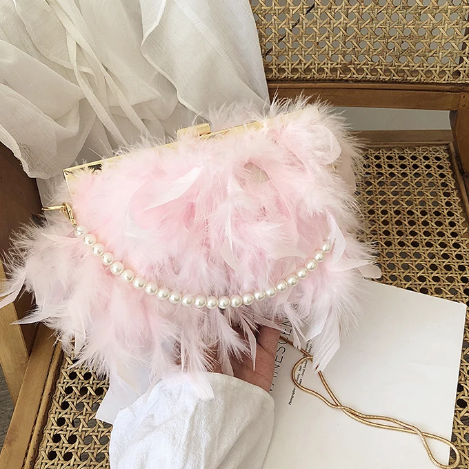 New fashion turkey ostrich feather messenger luxury party bag pearl chain women fur evening handbag