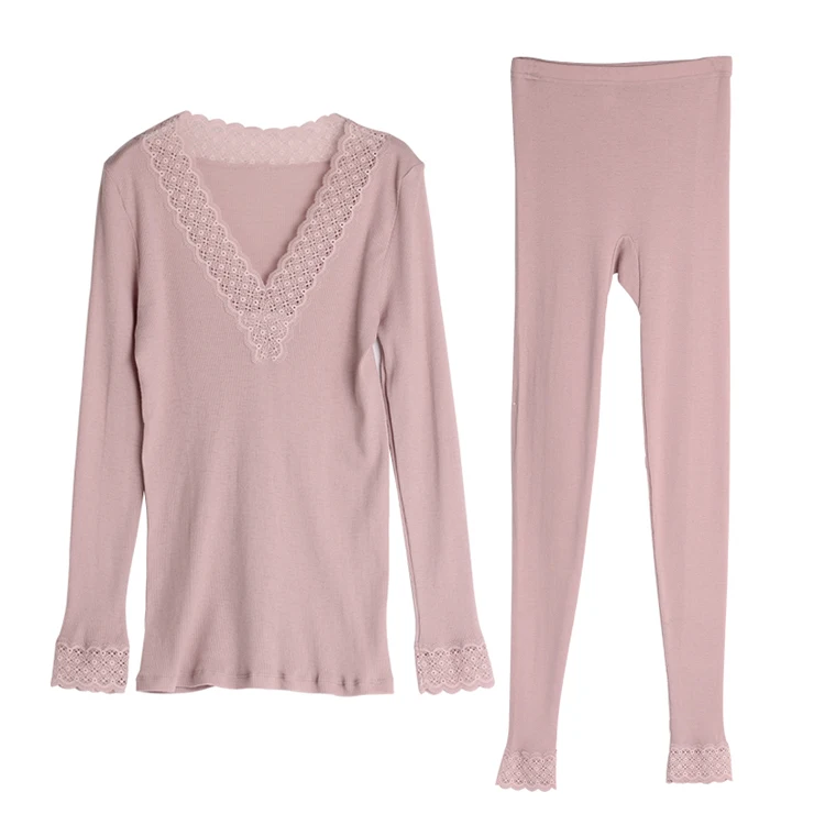 
Women Warm Silk Wool Thermal Underwear V-neck lace ladies Long Johns Long Sleeves Thermal Clothing Underwears Sets 