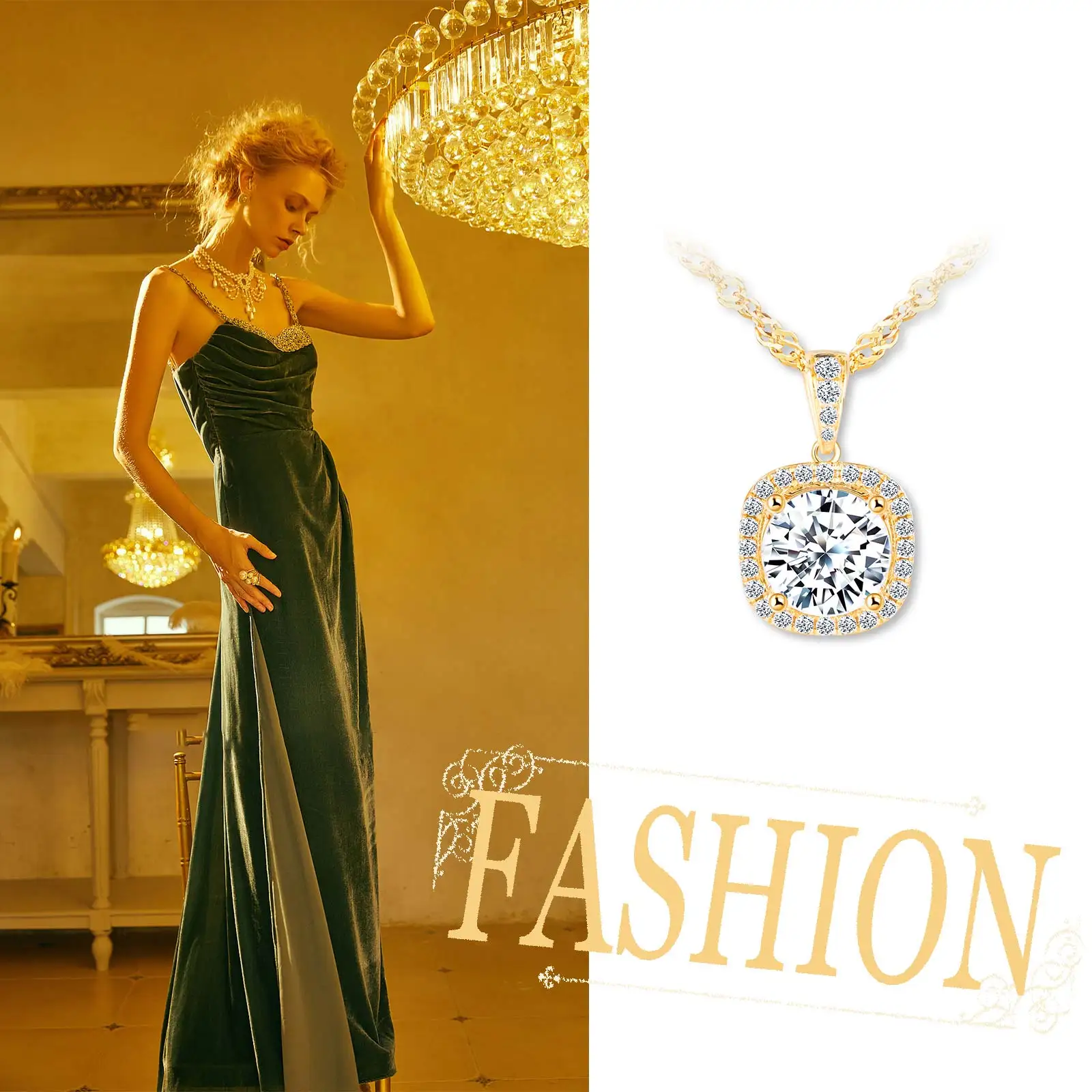 Fine Jewelry Solid 14k Real Gold Necklace Square Stone 14k Gold Necklaces