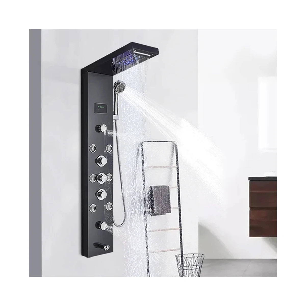 LED Lights Digital Display Rainfall Shower Head Kit Stainless Steel Chrome Massage Jet Waterfall Feature Bath Shower Faucets