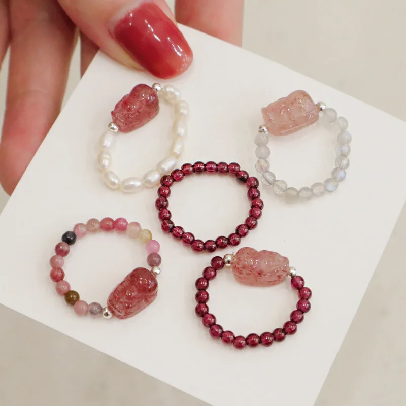 Natural crystal freshwater pearl tourmaline strawberry crystal do not fade elastic beaded ring