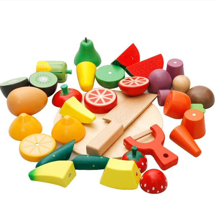 Wooden Cutting Cooking Food Sets Magnetic Wood Vegetables Fruits Pretend Play Kitchen Toy