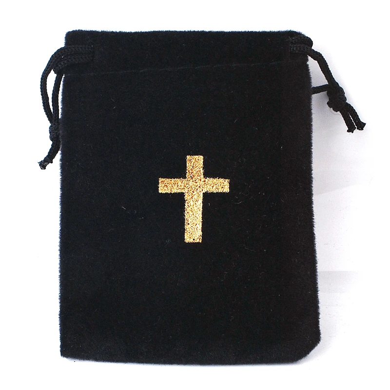 Factory supply custom black 7x9cm velvet bag with gold cross printing for catholic jewelry rosary necklaces & bracelets