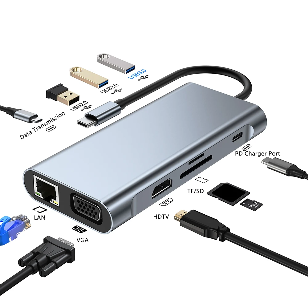 USB C HUB 4K 30Hz 10 in 1 Multiport Adapter USB 3.0/2.0 Ethernet PD USB C Charger VGA SD/TF Card Reader