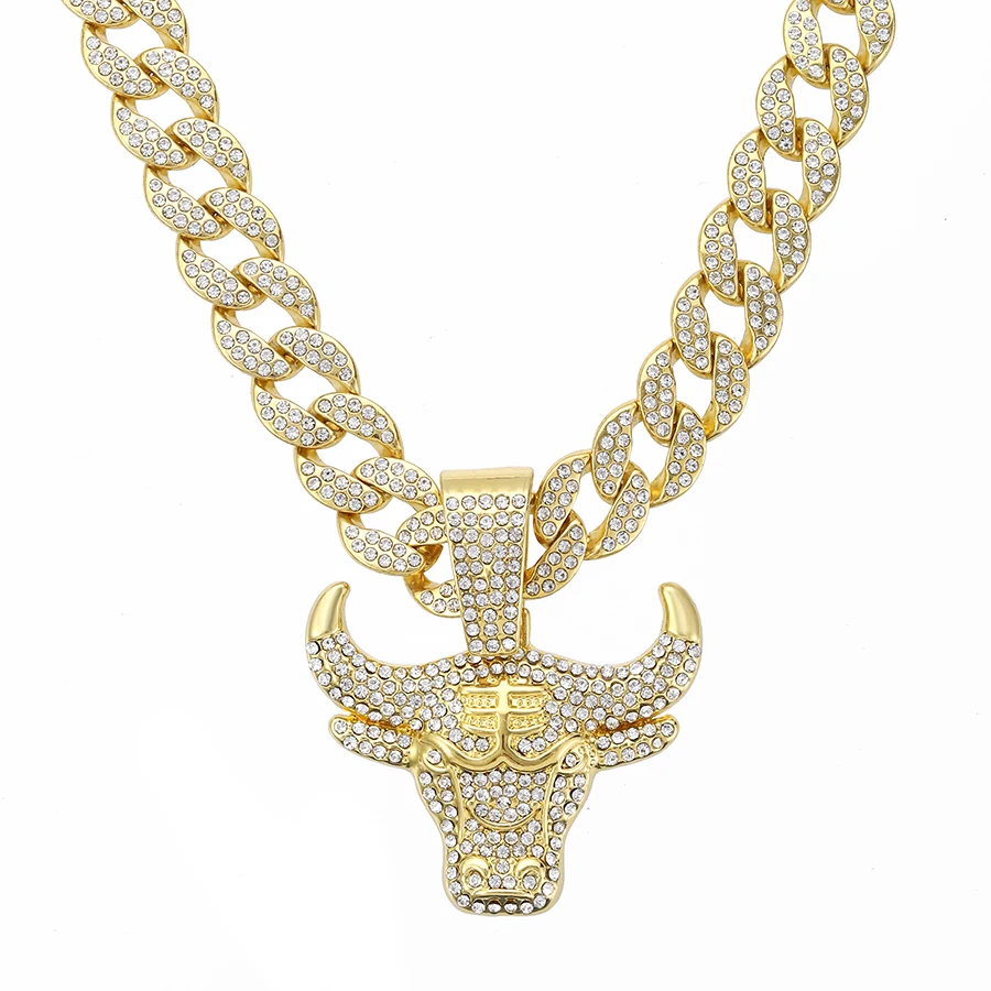 Big miami cuban chain hip hop rhinestone Iced Full diamond bull head pendant necklace
