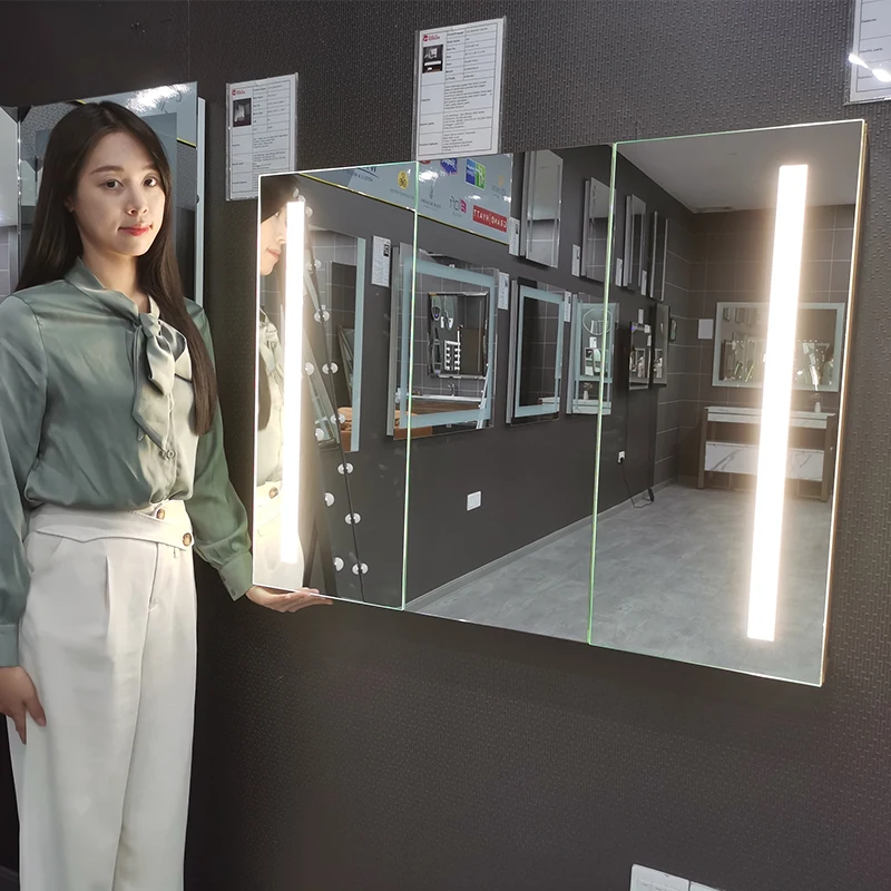 Factory customized 1,2,3 doors tempered glass led medicine cabinets Vanity touch sensor CCT 3 lights bathroom mirror cabinet