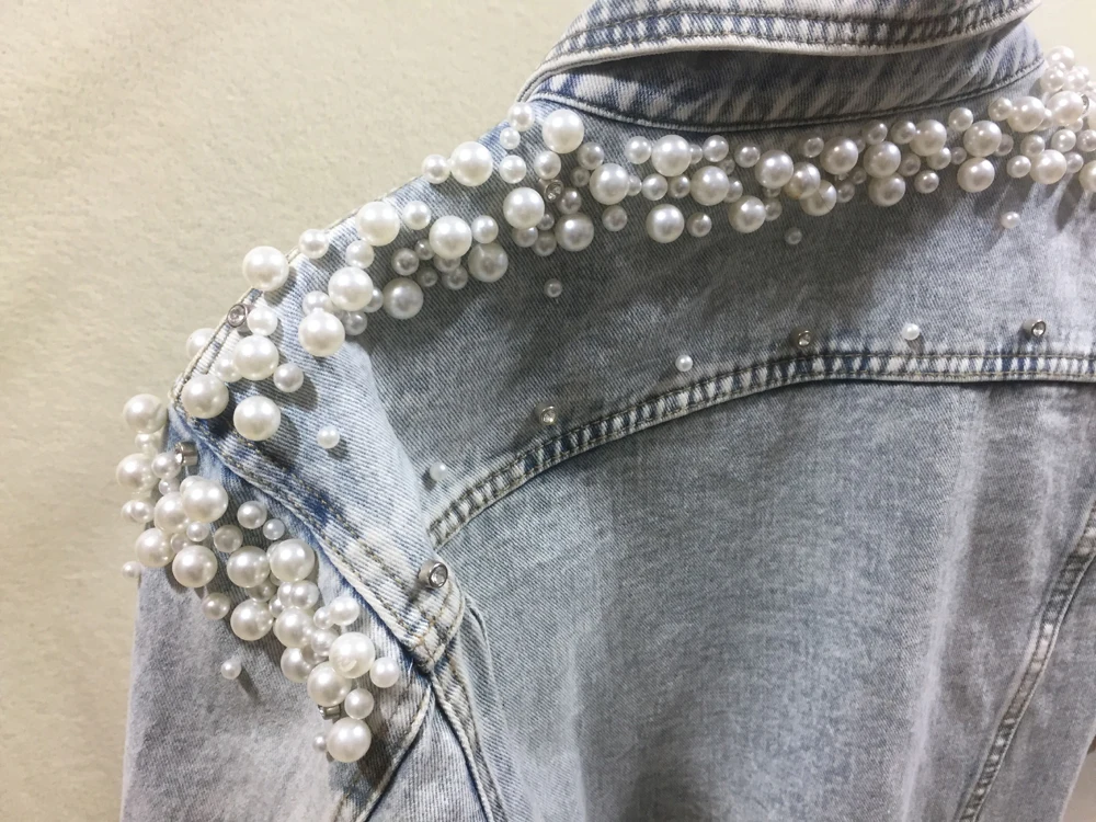 wholesale jacket Ladies short denim jacket women foreign trade beaded pearl loose autumn and winter new denim jacket