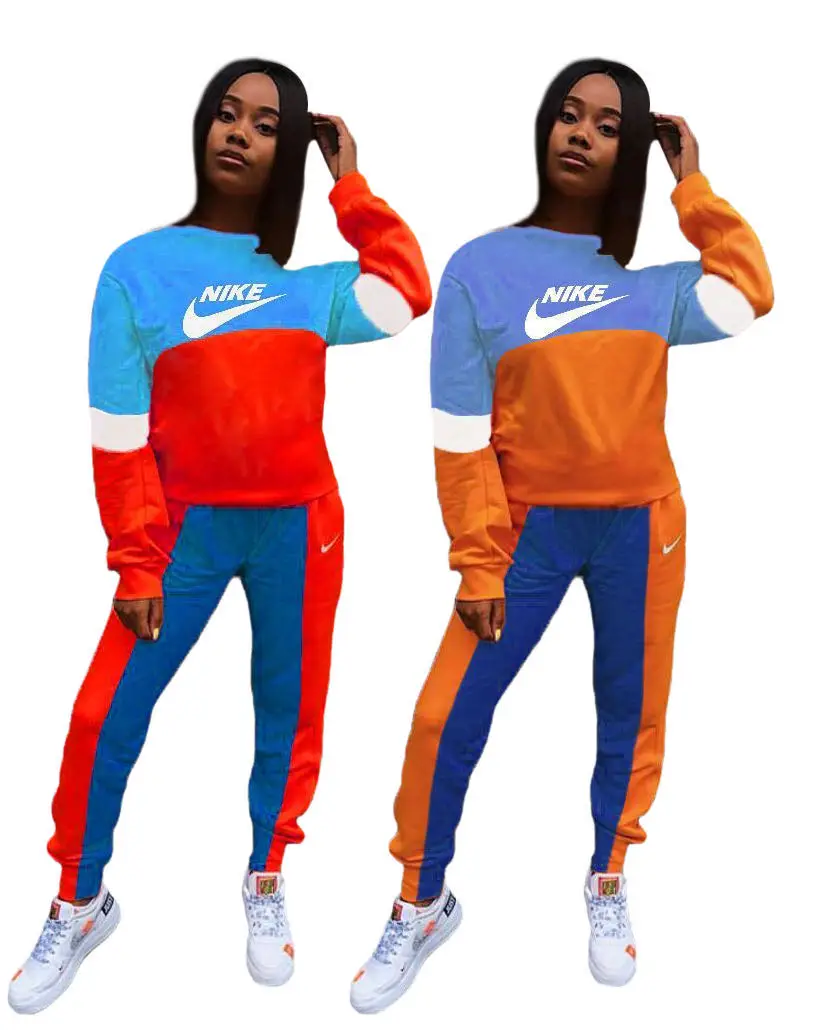 Hot Sale Keep Warm Patchwork Contrast Color Nike Long Sleeve Fitness Women Matching Yoga 2 Piece Pants Set Crewneck Sweatsuit