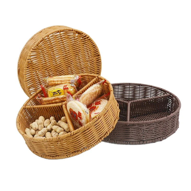 handwoven plastic rattan serving food tray with divider