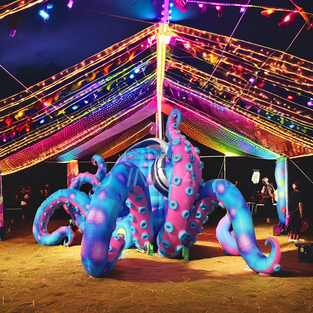 Blue Cartoon Octopus Inflatable DJ Stage with LED Light for Outdoor Event Advertising and Decor