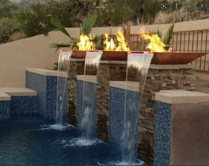 Outdoor Corten steel fire fountain top fires Water and fire Features for pools