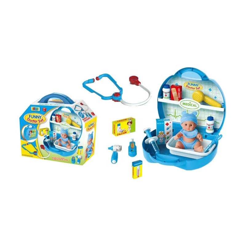 Blue suitcase child doctor 18 pieces plastic medical pretend toy set