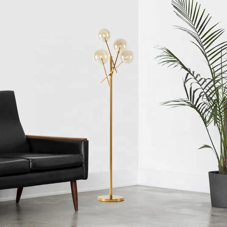 Simple E27 Mirror Titanium Metal Frame Floor Light Cognac Ball Glass Standing Floor Lamp