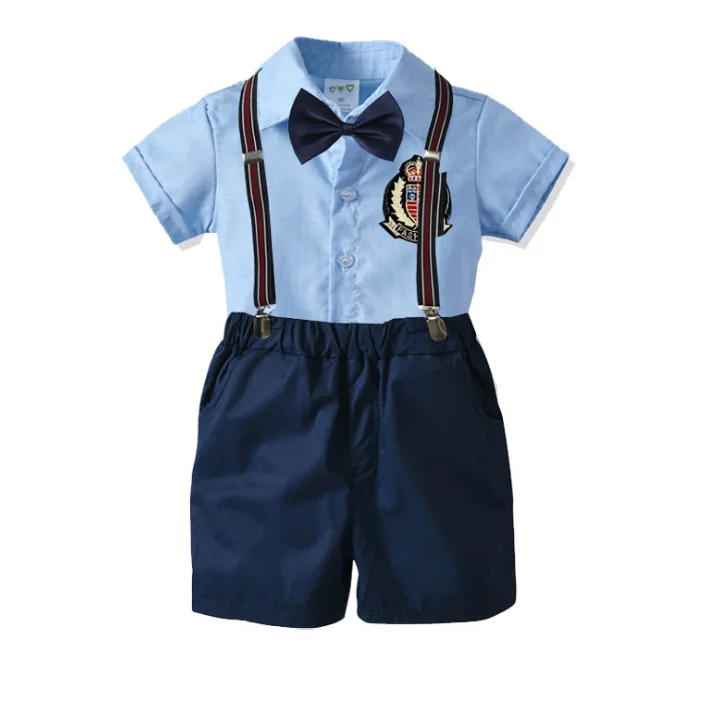 Summer cotton boys bow + tie + gentleman strap shorts + short sleeve shirt four-piece clothes set