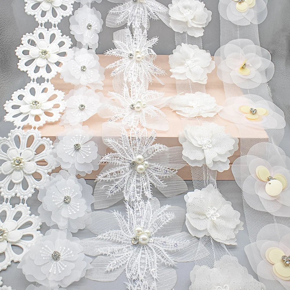 Wholesale Factory customized floral 3D Flower pearl beaded embroidery Chiffon Lace Trim for embellishment dress