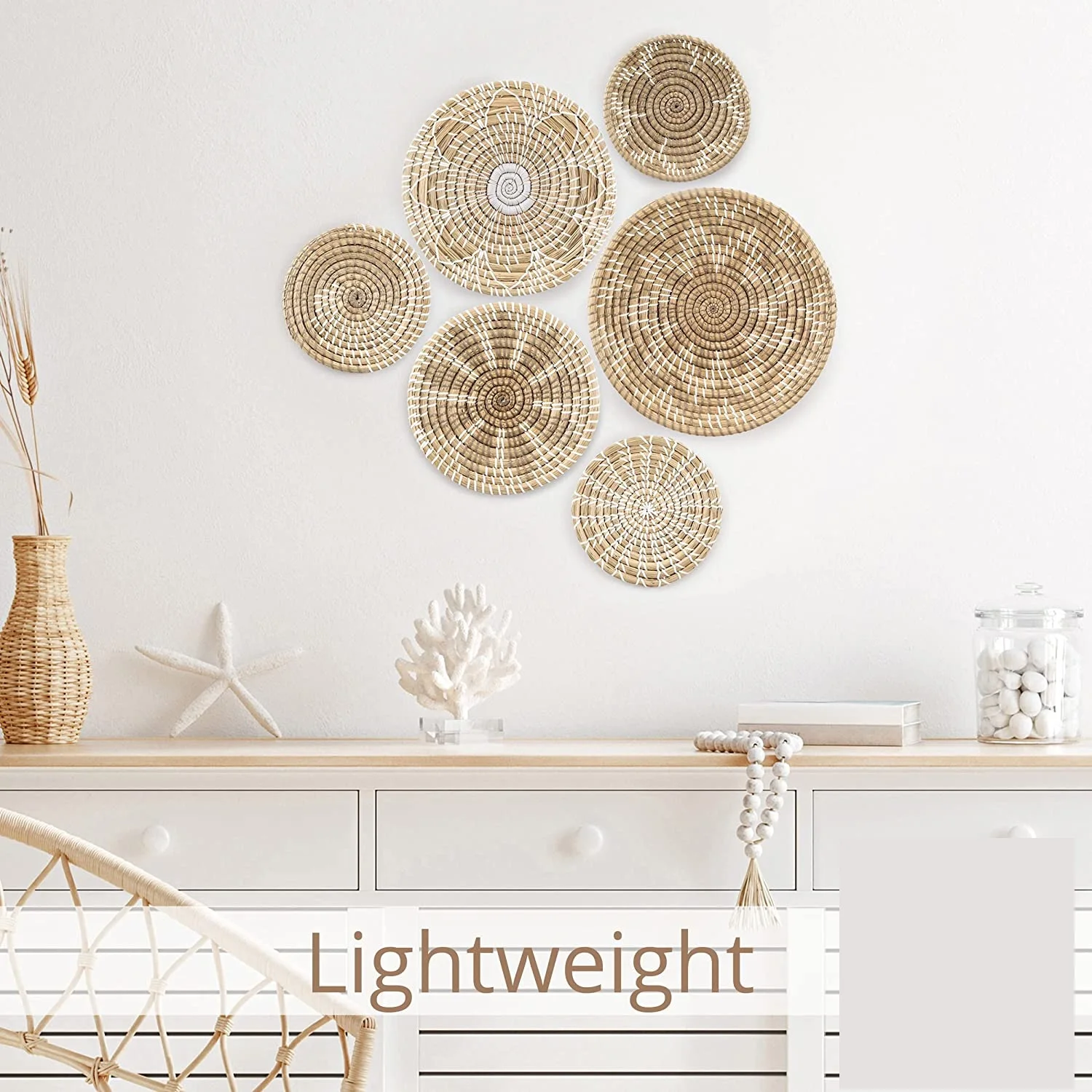 Oversized BOHO Room Jute Straw Handwoven Natural Wicker Woven Hanging Wicker Rattan Seagrass Storage Wall Basket Decor Set