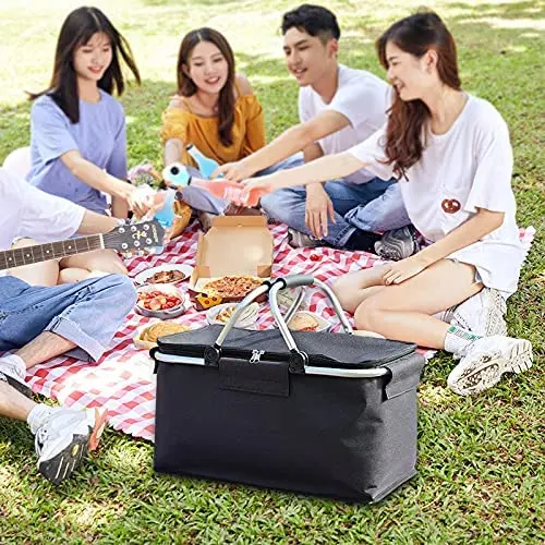 Insulated Collapsible Picnic Basket with Lid - Large, Waterproof and Leakproof, Portable Cooler Bag for Beer, Wine, Drinks
