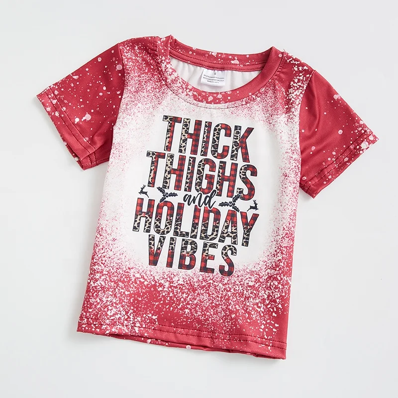 Girlymax Winter Christmas Red Holiday Vibes Short sleeve O-neck Tie-dyed Baby Girls T-shirt