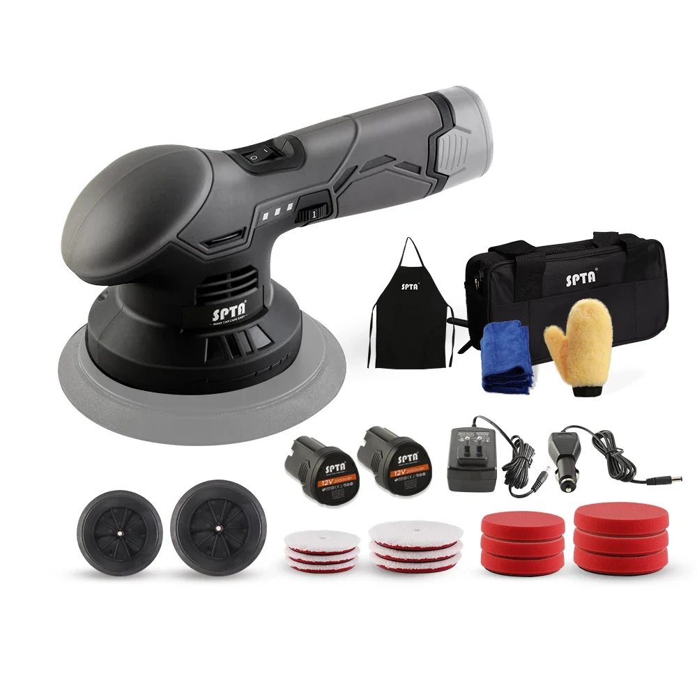 SPTA Cordless Buffer Machine Set DA Polisher with 2pcs Battery Variable Speed Polisher Waxing Kit