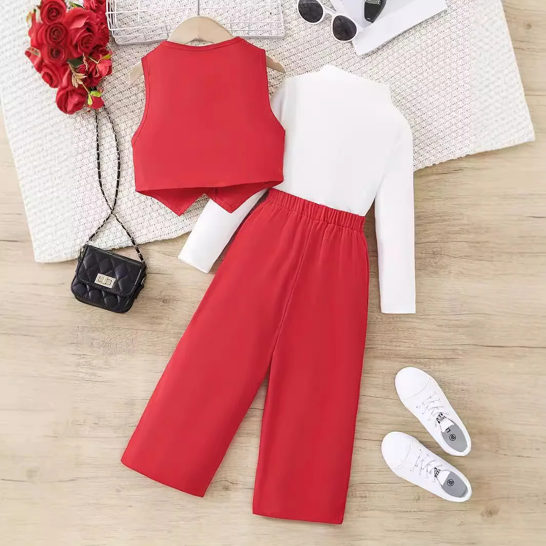New fashion 3Pcs girls clothing sets solid long sleeve t-shirt +sleeveless vest suit + pants outfits for girls