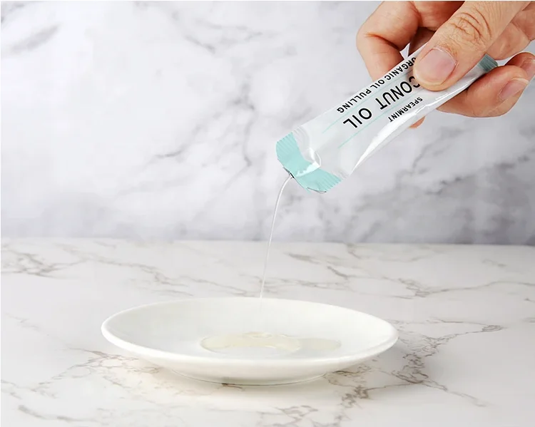 CE Certificate Factory Private Label Refresh Bad Breath Portable Natural Coconut Oil Pulling Single Sachet Whitening Mouthwash