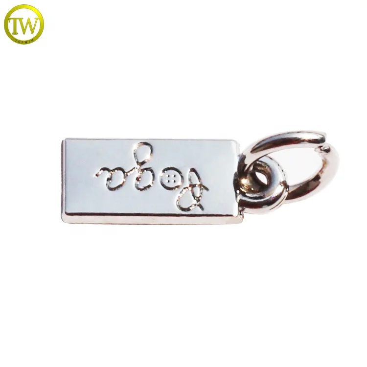 Custom logo stamped metal tags charm, personalized letter word phrase tags, company brand logo charm