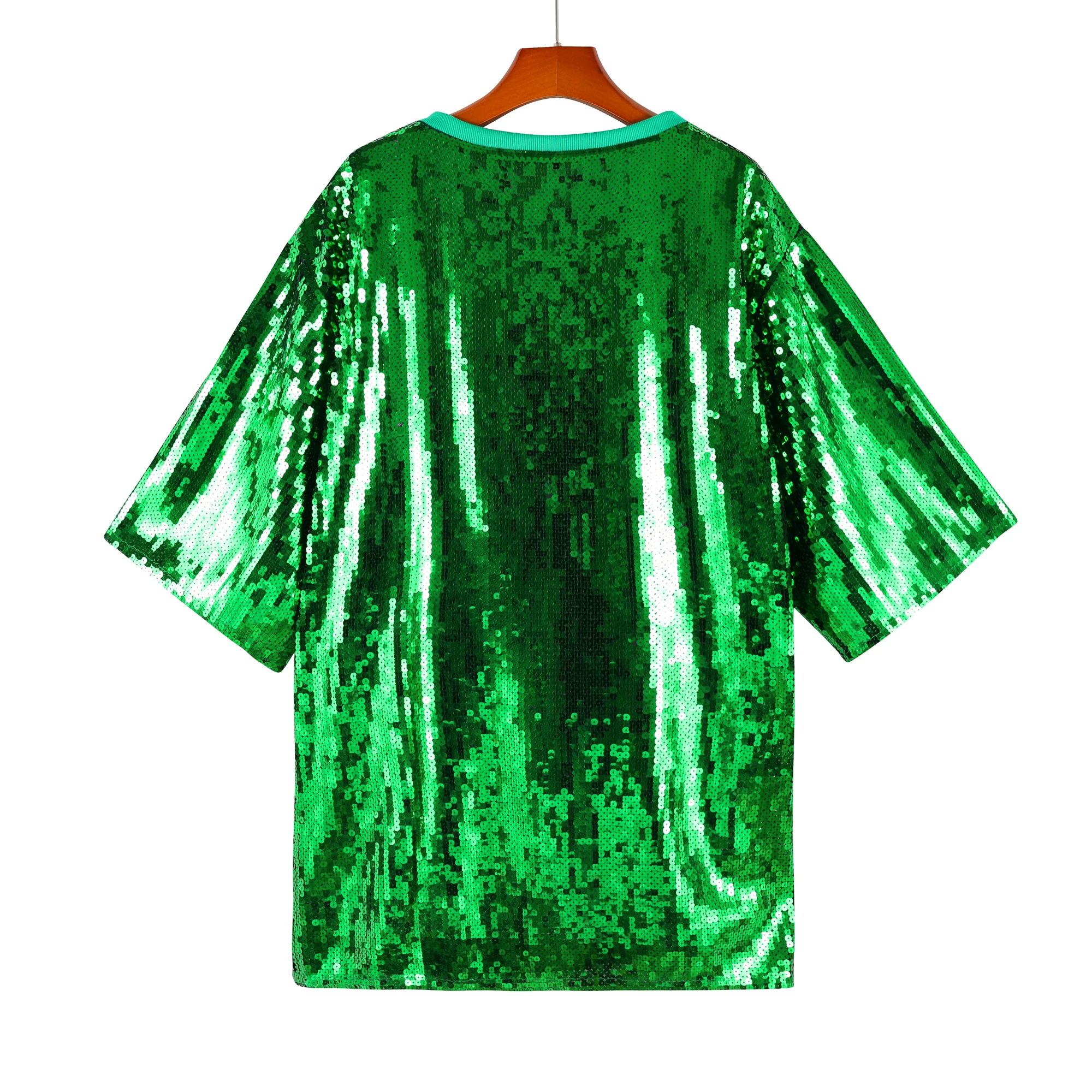 Wholesale Custom Green Sequin Jersey Dress T-Shirt Tops Bling Casual Short Sleeve Sequin Dress in stock
