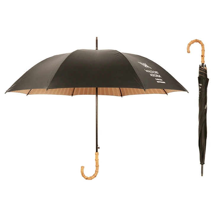 Luxury UV protective customized rattan handle strong windproof 8k panel black color straight rain umbrella