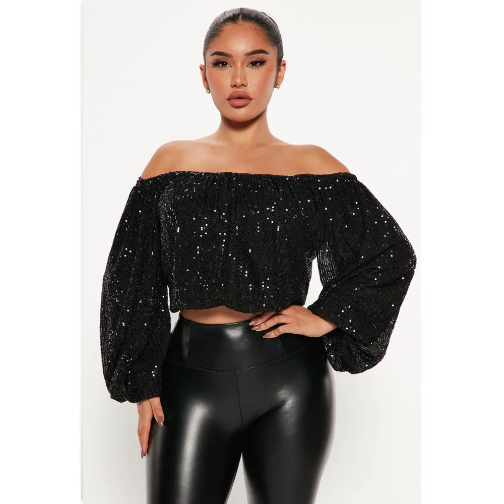Lady Clothing 2023 Fashion Sexy Sequins Blouses Boat Neck Lantern Long Sleeve Top for Women