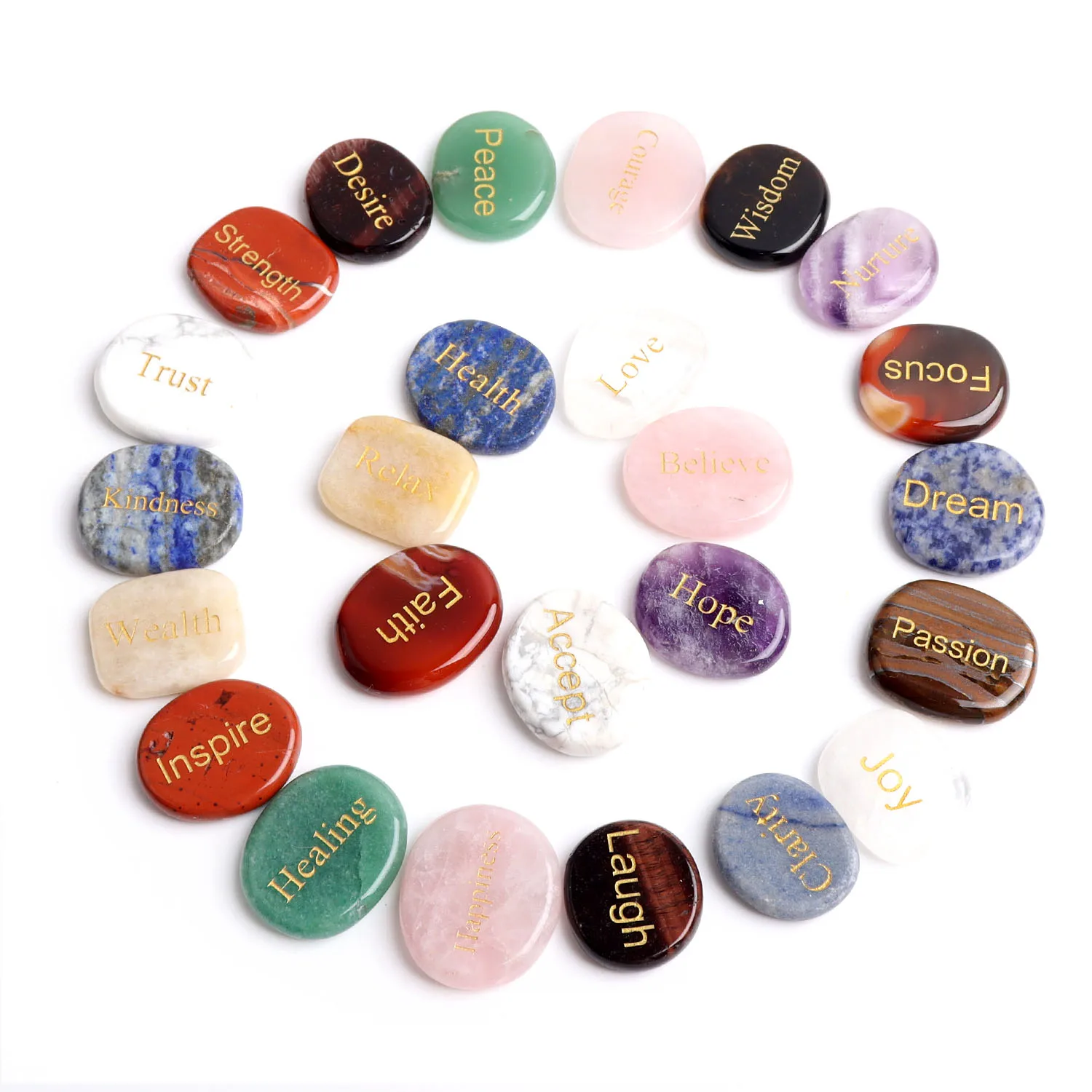 25 шт. исцеляющих кристаллов, выгравированных вдохновляющими словами, Набор Натуральных разных распутанных камней для молитвы, медитации, силы